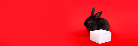 One black rabbit sits with white paper gift box isolated on red background. Hare is the symbol of 2023 according to the Chinese zodiac calendar. New Year greeting card. farm animals. Cute pet family.の写真素材