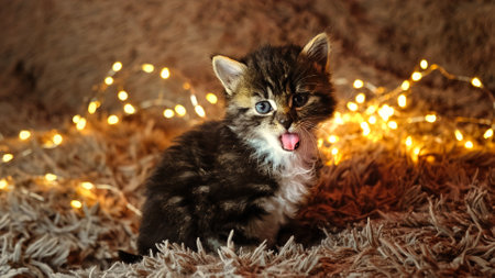Beautiful tabby kitten looks at camera and shows tongue on a brown bed and garland lights background. Cute little pet humor. Funny cat emotions. New Year and Christmas holiday time atmosphere concept.の写真素材