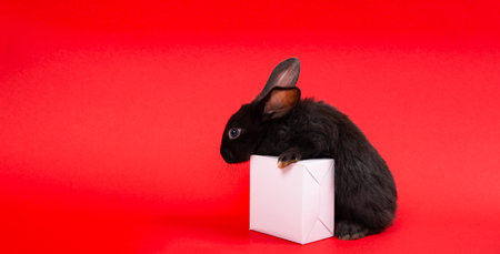 One black rabbit sits with white paper gift box isolated on red background. Hare is the symbol of 2023 according to the Chinese zodiac calendar. New Year greeting card. farm animals. Cute pet family.の写真素材