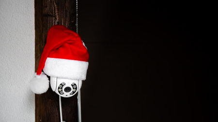 White CCTV camera in red Santa Claus hat. Outdoor video surveillance. Security system. Copy space. Web cam street control. Distance watch. Smart tech. Modern technologies. New year holiday concept.の写真素材