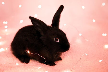 Beautiful black rabbit sits among a Christmas garland lights background. Atmospheric New Year holiday greeting card. Hare is a symbol of 2023 year by the Chinese calendar. Cute bunny pet. one animal.の写真素材
