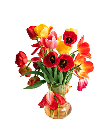 Big flowers bouquet of multicolored tulips in vintage glass vase isolated on white color background. business card. Invitation postcard. international holidays.の写真素材
