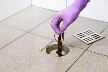 Water drain hole is clogged with hair clump. Woman hand in gloves is cleaning the bathroom sewer trap. close-up. Clean shower sewerage. Bath plug hole blocked with dirt. hair loss problems. Anti-odor.の写真素材