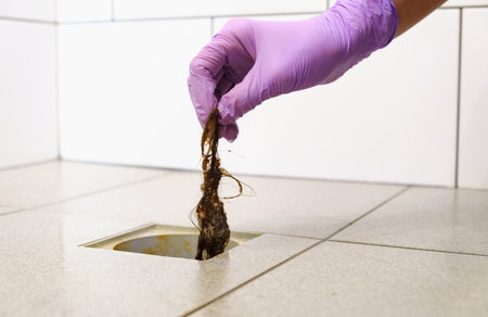 Water drain hole is clogged with hair clump. Woman hand in gloves is cleaning the bathroom sewer trap. close-up. Clean shower sewerage. Bath plug hole blocked with dirt. hair loss problems. Anti-odor.の写真素材