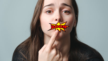 Virus herpes on lips. Pop art Boom. Unhappy woman shows on painful swollen lips. Portrait of young beautiful girl of European appearance with infection injury. Dermatology sickness. Facing treatment.の写真素材