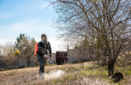 Farmer spraying pesticides and protects the field from weeds and ticks. Man with spray tank equipment. Tillage from ticks and insects. Springtime farm work. dry grass. water jet. manual labor. garden care.の写真素材