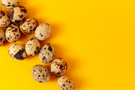 Quail eggs lays on yellow paper background with copy space or empty place for text. Easter holiday. visiting card. religious layout. spring time design. health food product. Farm organic production.の写真素材