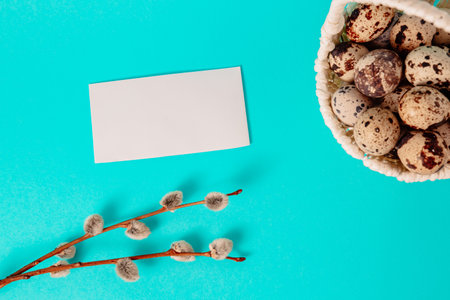 Visiting card, white straw basket full of quail eggs, pussy willow branch on blue paper background with copy space. Empty text place. Mockup design of Easter holiday. handmade decor. Health food.の写真素材