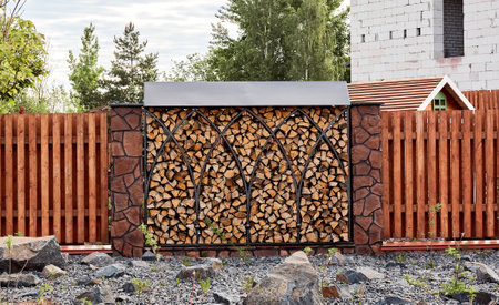 creative woodpile. Chopped firewood stacked in special forged fence section with roof. Landscaping element. wood fuel storage. Natural landscape design with large stones and crushed on the street side.の写真素材
