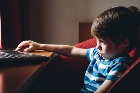 6 year old boy looking at the laptop screen. Use mouse. Watching cartoons or videos. Home online education concept. The concentrating kid. Reads a task.の写真素材