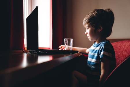 6 year old boy looking at the laptop screen. Use mouse. Watching cartoons or videos. Home online education concept. The concentrating kid. Reads a task.の写真素材