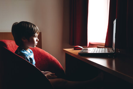 A little boy sits at a table carefully looks into a laptop. The cute child watching cartoons.の写真素材