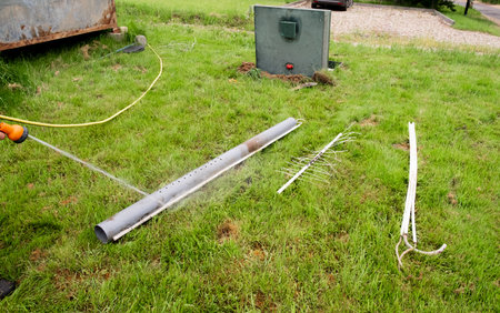 The man is cleaning septic. Maintenance autonomous sewerage service. Processing station biological water purification. local household sewerage system. environmental protection. water protection zone.の写真素材