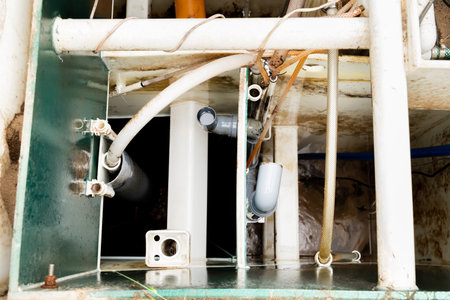 Septic cleaning. Maintenance autonomous sewerage service. Processing station biological water purification. local household sewerage system. environmental protection. water protection zone. top view.の写真素材