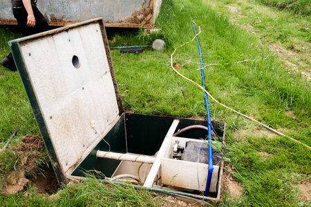 Septic cleaning. Maintenance autonomous sewerage service. Processing station biological water purification. local household sewerage system. environmental protection. water protection zone. top view.の写真素材