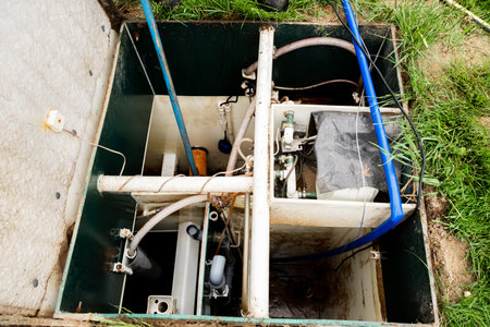 Septic cleaning. Maintenance autonomous sewerage service. Processing station biological water purification. local household sewerage system. environmental protection. water protection zone. top view.の写真素材