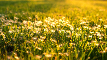 Dandelion seeds lie on the green juicy grass in the rays of the sun. Beautiful natural landscape close-up. summer season. The concept of calmness and lightness. beauty in nature. Atmospheric mood.の写真素材