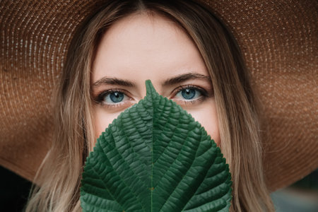 Portrait of young 30 woman caucasian appearance in straw hat with linden leaf closing the mouth. natural style. Pretty face with big blue eyes. Clean healthy skin. Style look. Summer vacation.の写真素材