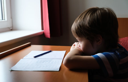 The child doesn't want to do lesson. The serious and angry kid looks at window. Sits at the table with a copybook. There is no motivation. A tired boy has a break. home education. No have a wish.の写真素材