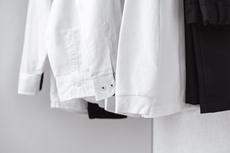 A close-up of the sleeves and cuffs of white clean shirts hanging in the closet. Black trousers in the wardrobe. classic style clothes. whitening. office style. school uniform.の写真素材