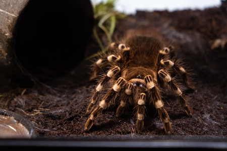 A big spider sitting in a terrarium close-up. Acanthoscurria geniculata. Tarantula. Horror and phobia concept. Large size. Toxic poison. Brazilian tropical animal. Cracked chitin. High quality 4k.の写真素材
