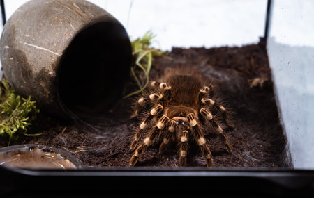 A big spider sitting in a terrarium close-up. Acanthoscurria geniculata. Tarantula. Horror and phobia concept. Large size. Toxic poison. Brazilian tropical animal. Cracked chitin. High quality 4k.の写真素材