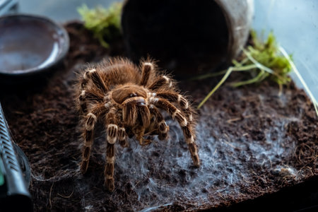 A spider injects venom into a madagascar cockroach in a terrarium close-up. Acanthoscurria geniculata. Phobia concept. Toxic poison. Brazilian large size tropical animals. Blaptica dubia. 4k footage.の写真素材