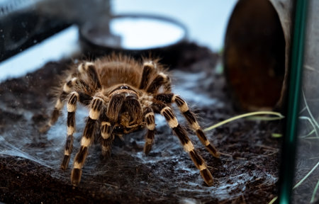 A spider injects venom into a madagascar cockroach in a terrarium close-up. Acanthoscurria geniculata. Phobia concept. Toxic poison. Brazilian large size tropical animals. Blaptica dubia. 4k footage.の写真素材