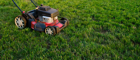 Lawn mower on green grass background. Petrol machine for cutting. Garden care. Electric equipment. Side view. Copy space. Lots of clover weeds. Sport lawn for games. Weed control. High quality photo.の写真素材