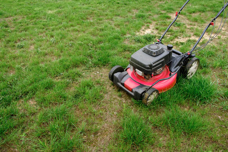 Lawn mover on green grass background. Machine for cutting lawns. Garden care. Electric equipment. Side view. Copy space. Lots of clover weeds. Sport lawn field for games. Banner. High quality photo.の写真素材