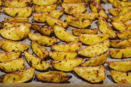 Potato wedges in seasoning are baked in the oven. Tasty cooking. Preparing a side dish of vegetables for lunch. Baking on parchment. High carbohydrate food. Vegetarian dish. country style potatoes.の写真素材