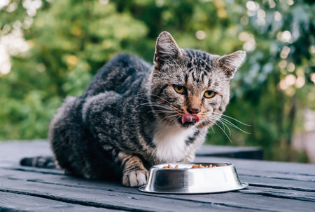 Gray cute cat eating dry food from the metallic bowl on the outdoor background and is licking his lips. Show tongue. Stray hungry pet. The concept of helping and feeding homeless animals.の写真素材