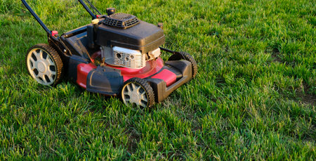 Lawn mower on green grass background. Petrol machine for cutting. Garden care. Electric equipment. Side view. Copy space. Lots of clover weeds. Sport lawn for games. Weed control. High quality photo.の写真素材