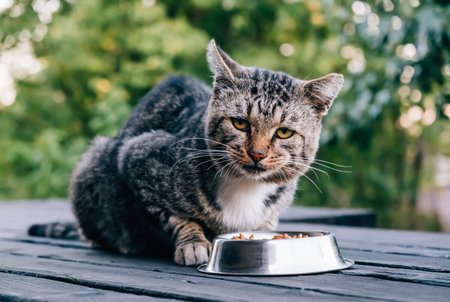 Gray cute cat looking at the camera eating dry food from the metallic bowl on the outdoor background. Stray hungry pet. The concept of helping and feeding homeless animals.の写真素材
