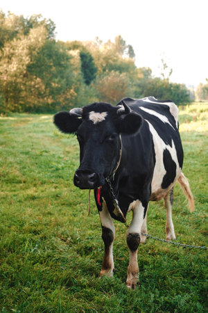 One black and white cow standing in a pasture and looks at the camera. Heart shaped mark on forehead. Symbol of love. Sign of luck and happiness. Cattle domestic animal grazing in a meadow. Vertical.の写真素材