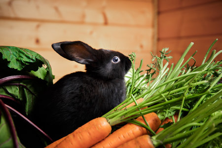 Little black rabbit sits in vegetables box among potatoes carrots and beetroot leaves. Fresh harvest. Farm market. Bunny eats eco products. Healthy vitamin food. Hare is a symbol of Chinese calendar.の写真素材