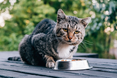 Gray cute cat looking at the camera eating dry food from the metallic bowl on the outdoor background. Stray hungry pet. The concept of helping and feeding homeless animals.の写真素材