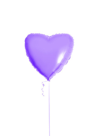 One big lilac heart shaped balloon with ribbon isolated on a white background. Love symbol. Beautiful birthday party gift. Floating objects. Inflatable ball by helium gas. Stylish. Valentines day.の写真素材