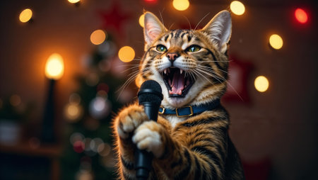 Cat sings into a microphone against the blurred bokeh background of garland lights on stage closeup. Singer singing karaoke. Festive party. New Year performance. Cool holiday atmosphere. Standup show.の素材