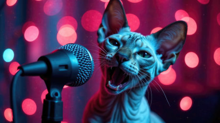 Sphynx cat sings into a microphone against the blurred background of neon lights on stage close-up. Singer singing karaoke. Festive party. New Year performance. Cool holiday atmosphere. Standup show.の素材
