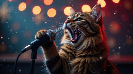 Cat sings into a microphone against the blurred bokeh background of garland lights on stage closeup. Singer singing karaoke. Festive party. New Year performance. Cool holiday atmosphere. Standup show.の素材