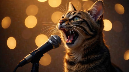 Cat sings into a microphone against the blurred bokeh background of garland lights on stage closeup. Singer singing karaoke. Festive party. New Year performance. Cool holiday atmosphere. Standup show.の素材