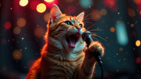 Cat sings into a microphone against the blurred bokeh background of garland lights on stage closeup. Singer singing karaoke. Festive party. New Year performance. Cool holiday atmosphere. Standup show.の素材
