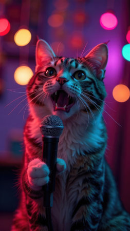 Cat sings into a microphone against the blurred bokeh background of garland lights on stage closeup. Singer singing karaoke. Festive party. New Year performance. Cool holiday atmosphere. Standup show.の素材