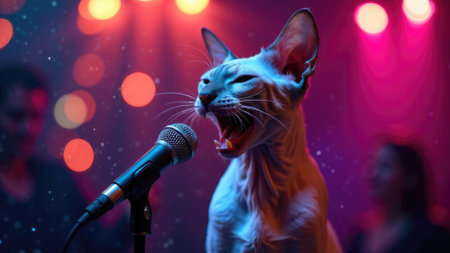 Sphynx cat sings into a microphone against the blurred background of neon lights on stage close-up. Singer singing karaoke. Festive party. New Year performance. Cool holiday atmosphere. Standup show.の素材