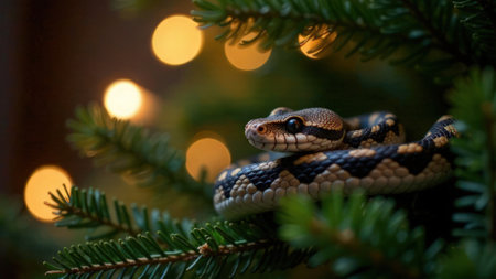 A snake coiled on fir tree branch against a bright lights background. Symbol of Eastern calendar. New Year party concept. Festive mood.の素材