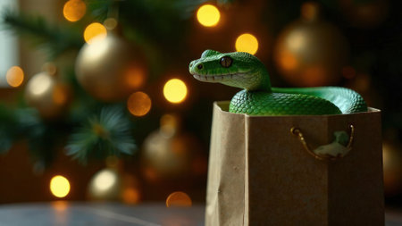 A green snake peeks out of a gift box standing under a Christmas tree. Symbol of the new year according to the Eastern calendar. Spaces for text. Holiday card. Festive mood.の素材