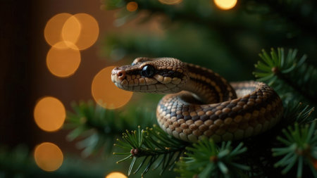 A snake coiled on fir tree branch against a bright lights background. Symbol of Eastern calendar. New Year party concept. Festive mood.の素材