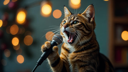 Cat sings into a microphone against the blurred bokeh background of garland lights on stage closeup. Singer singing karaoke. Festive party. New Year performance. Cool holiday atmosphere. Standup show.の素材