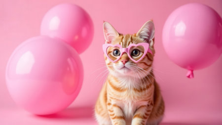 Concept of Valentine's Day February 14. Portrait of ginger cat in heart shaped glasses looking at camera with pink balloons in the background. Pet in love. Holiday birthday party card. Symbol of love.の素材